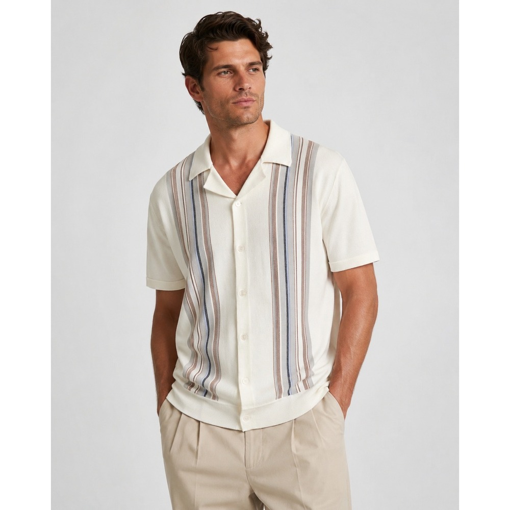 Magaschoni Ivory Striped Knit Button Front Polo Shirt Mens L Retro Preppy Resort
